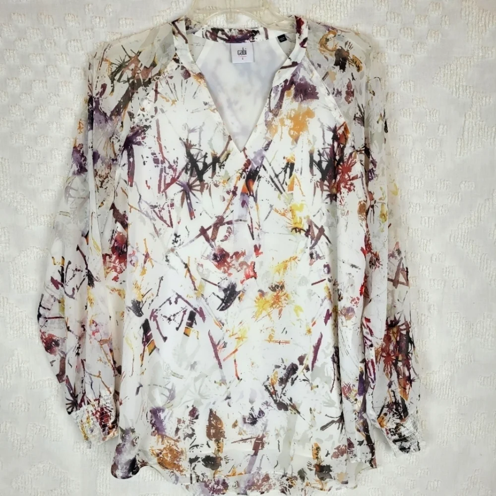 Cabi Goddess Blouse Ivory V-neck multi color long sleeve cuff abstract artsy S - Picture 1 of 10